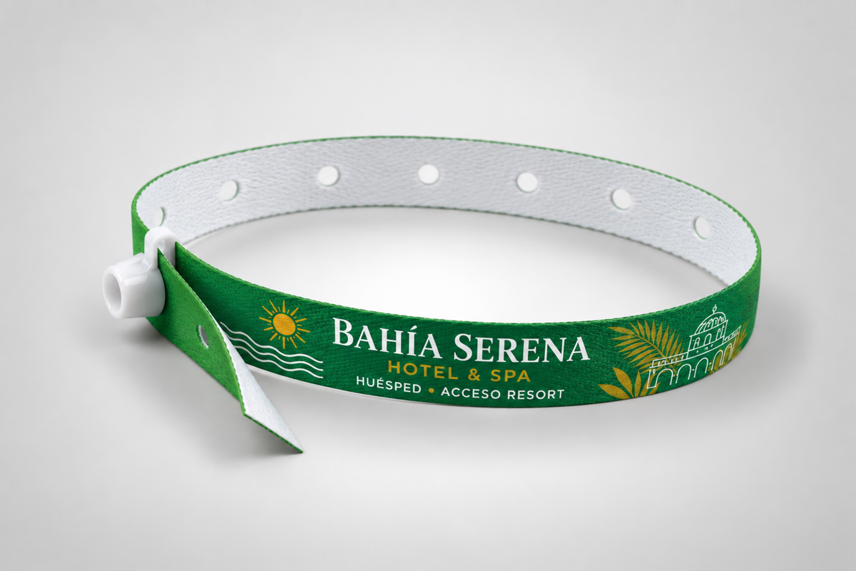 Bracelet en tissu vert avec fermoir pression blanc, vue de côté