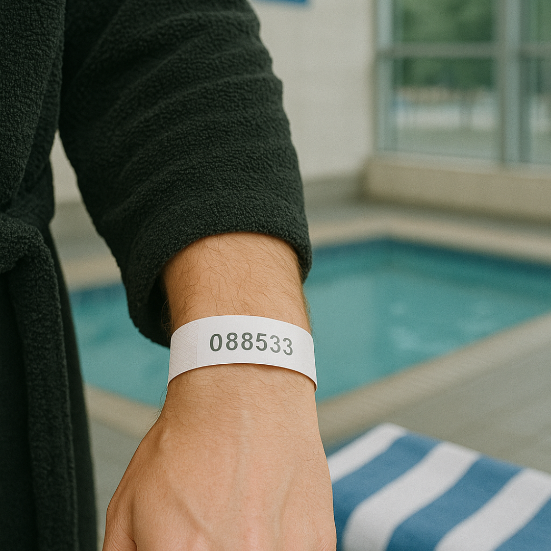 A photo of Bib Number Wristbands from JM Band®. Purchase Paper wristbands in custom numbered series here.