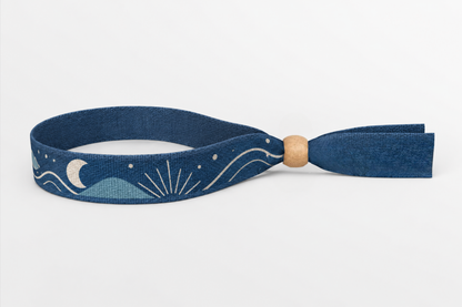 Bracelet en coton bleu marine avec motif lune et vagues imprimé