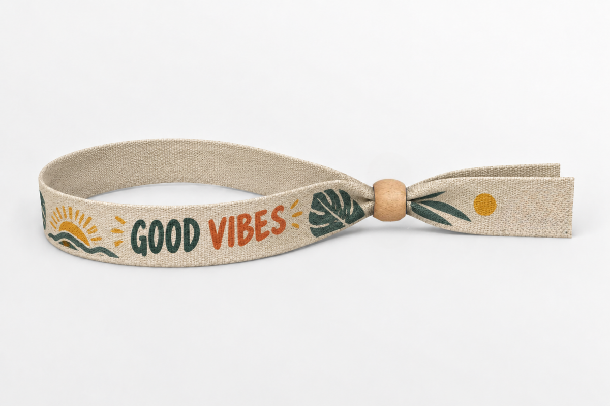 Bracelet en coton beige avec impression colorée Good Vibes