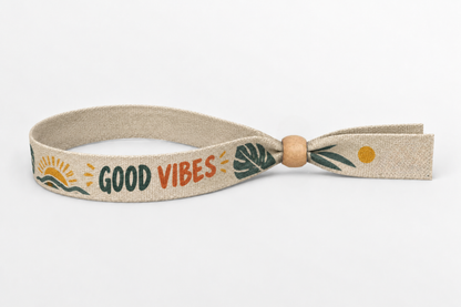 Bracelet en coton beige avec impression colorée Good Vibes
