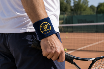 Joueur de tennis portant un bandeau éponge bleu marine personnalisé avec logo imprimé