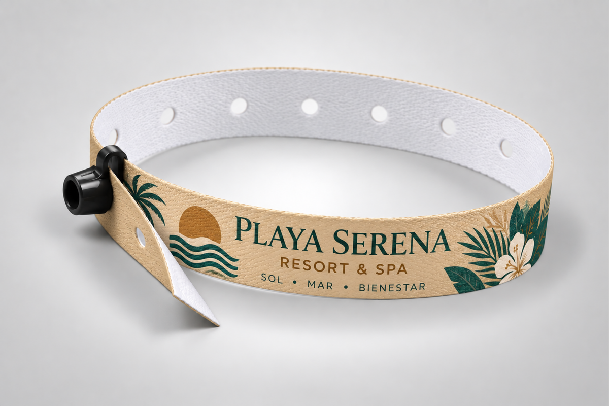 Bracelet en tissu beige avec fermoir pression et logo de resort imprimé
