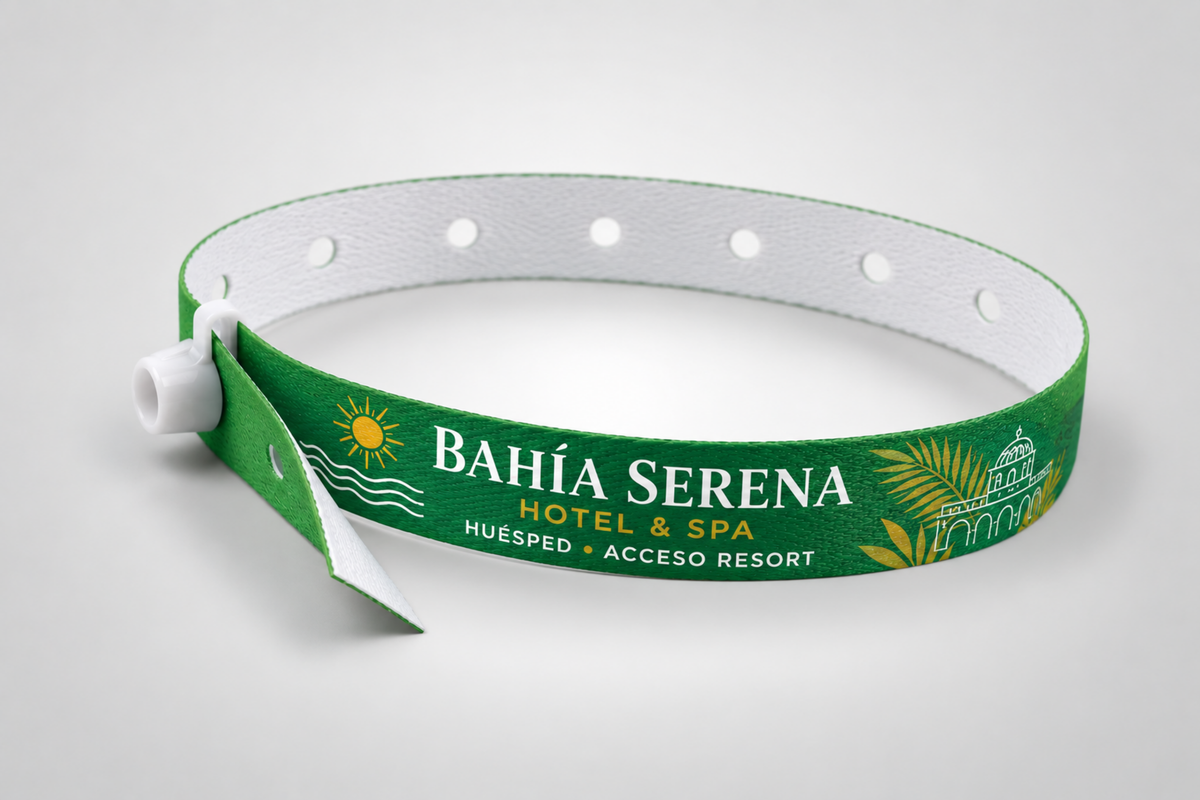 Bracelet en tissu vert avec fermoir pression blanc et logo d'hôtel imprimé
