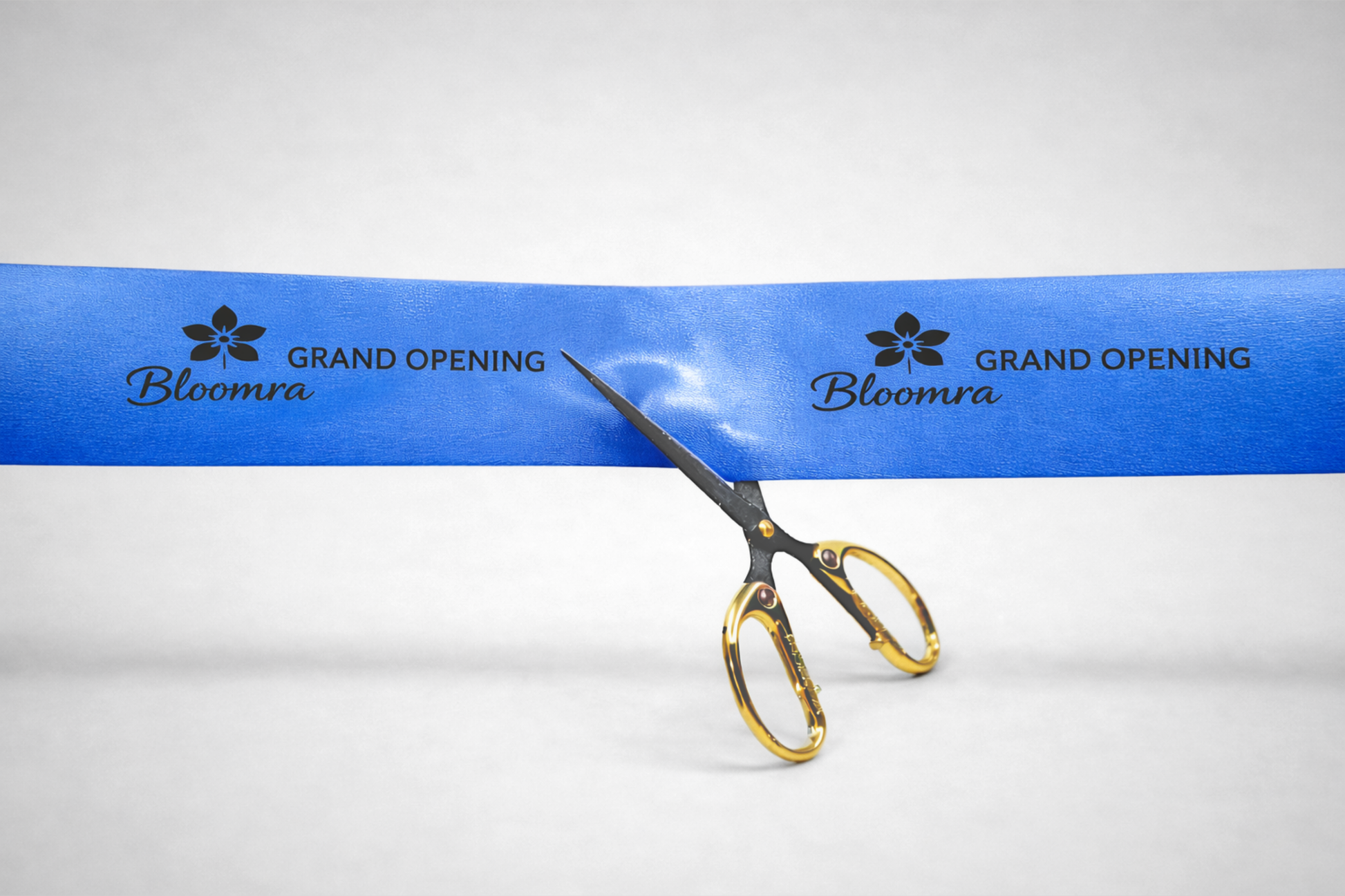 Ruban bleu d'inauguration avec impression personnalisée de JM Band®.
