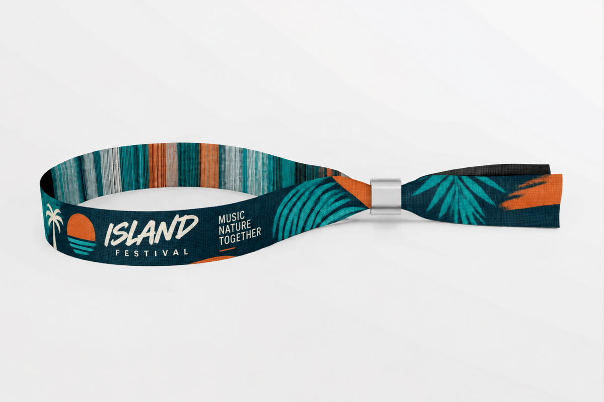 Bracelet en tissu tissé bleu canard foncé avec motif de festival sur île tropicale