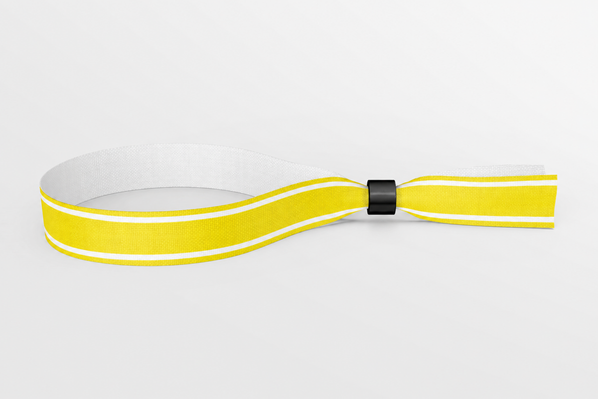 Bracelet en tissu jaune uni à rayures blanches avec fermoir en plastique noir